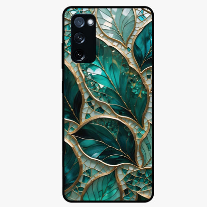 Emerald Leaf Glass Glass Case showing flat back view with emerald green leaf artwork and glossy glass finish.