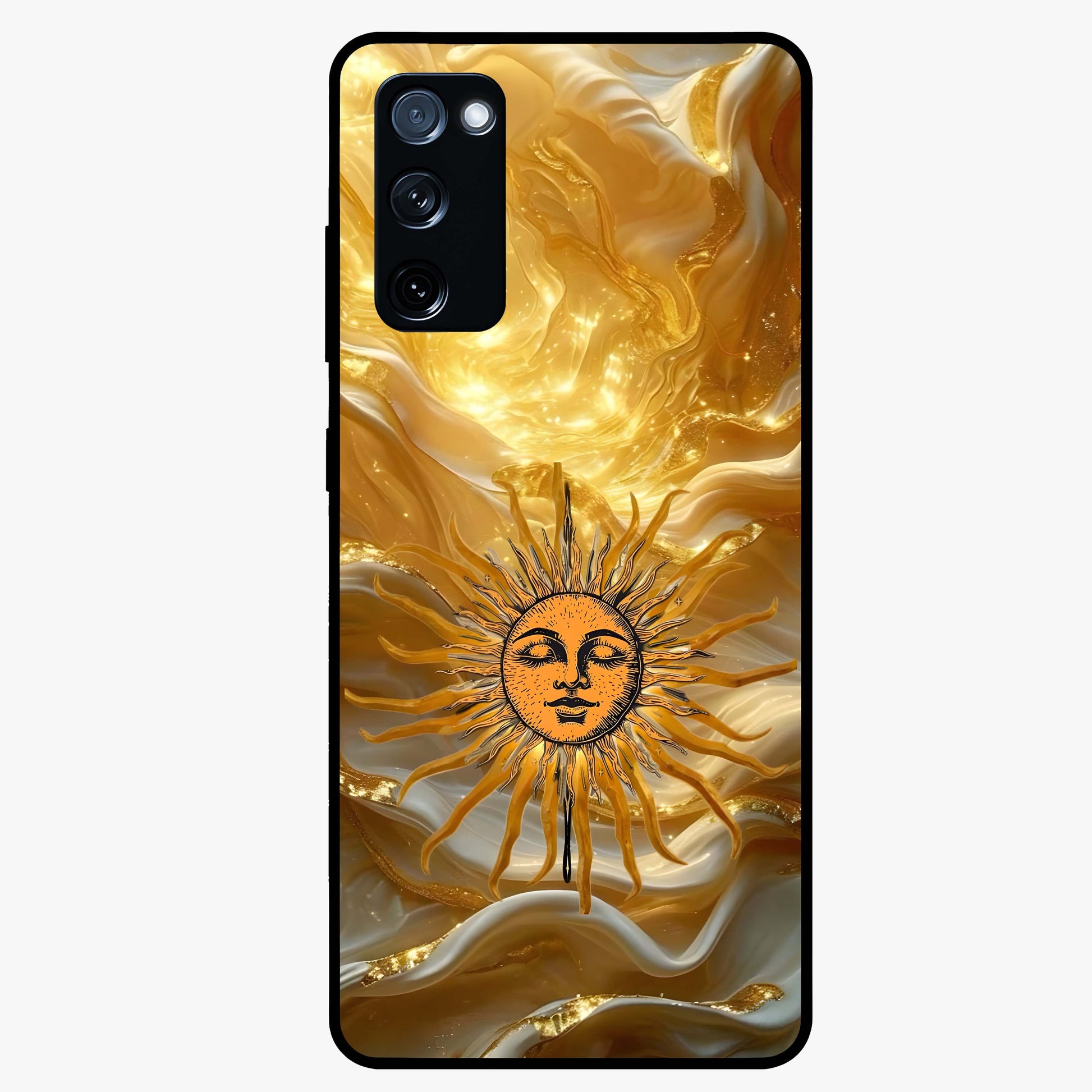 Eternal Golden Glow Glass Case showing flat back view with radiant golden themed artwork and glossy glass finish.