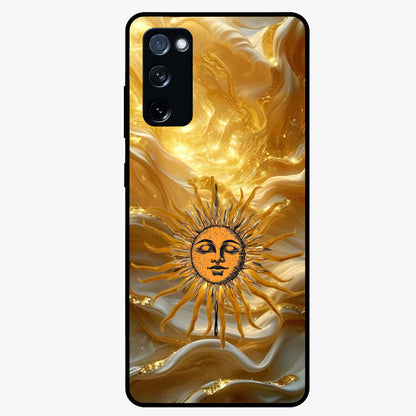 Eternal Golden Glow Glass Case showing flat back view with radiant golden themed artwork and glossy glass finish.