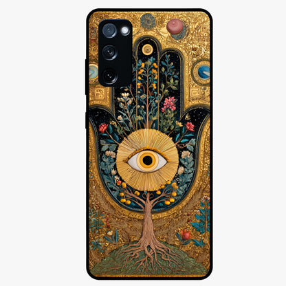 Ethereal Evil Eye Glass Case showing flat back view with mystical evil eye artwork and glossy glass finish.