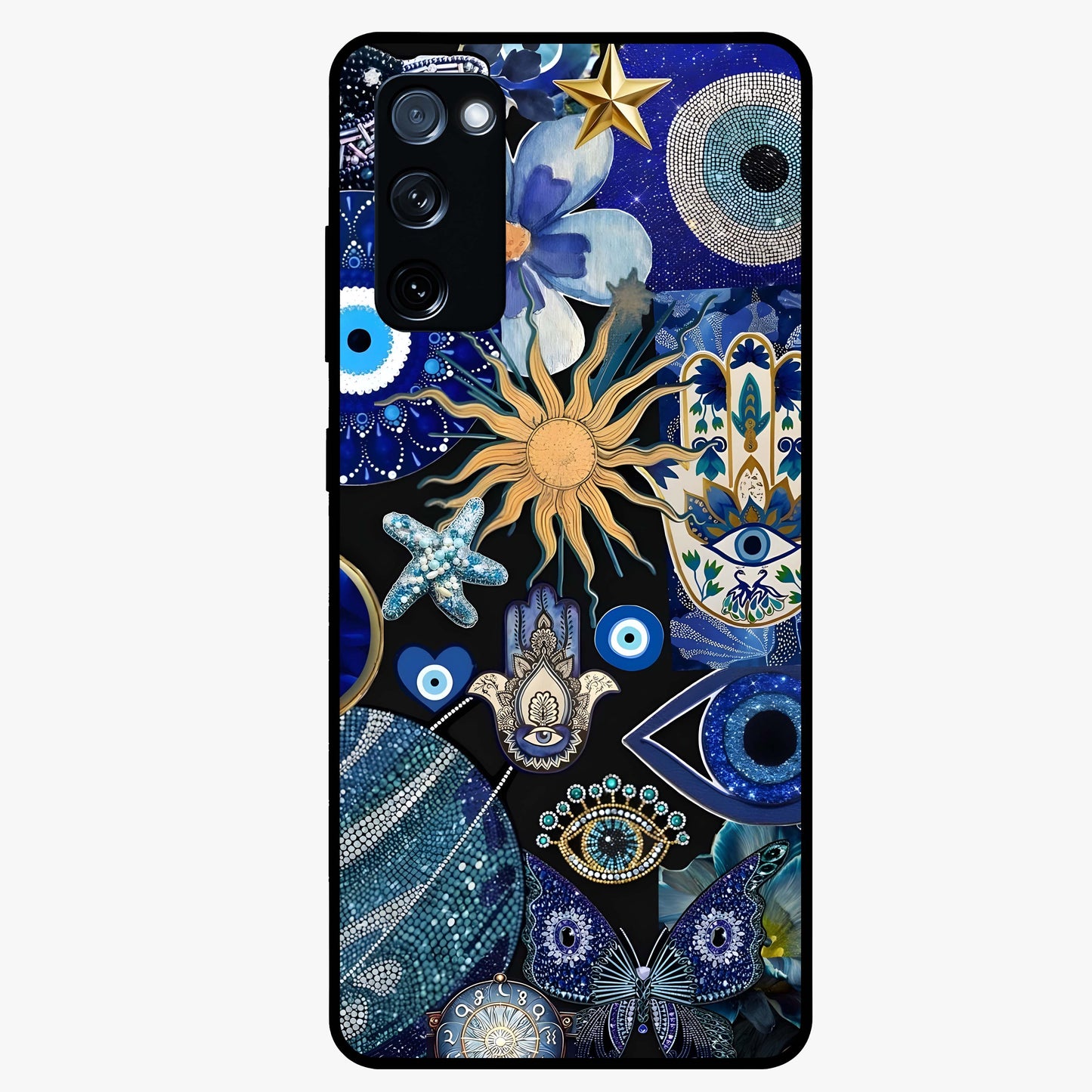 Evil Eye Charm Mix Glass Case showing flat back view with multiple evil eye charms artwork and glossy glass finish.
