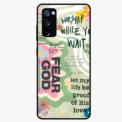 Faith Over Fear Glass Case showing flat back view with motivational typography artwork and glossy glass finish.