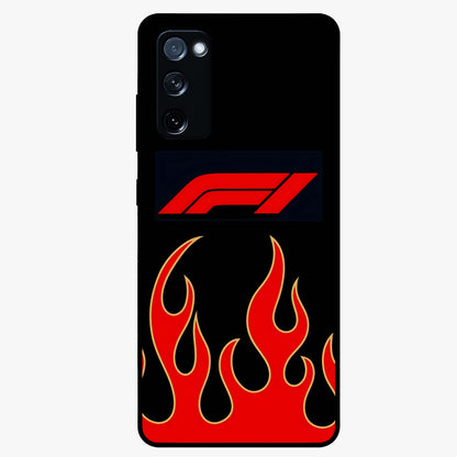 Fire F11 Glass Case showing flat back view with fiery themed artwork and glossy glass finish.
