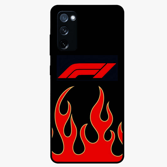 Fire F11 Glass Case showing flat back view with fiery themed artwork and glossy glass finish.