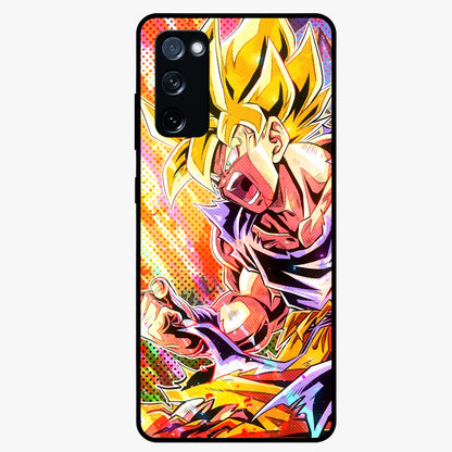 Firing Goku Glass Case showing flat back view with powerful anime inspired artwork and glossy glass finish.