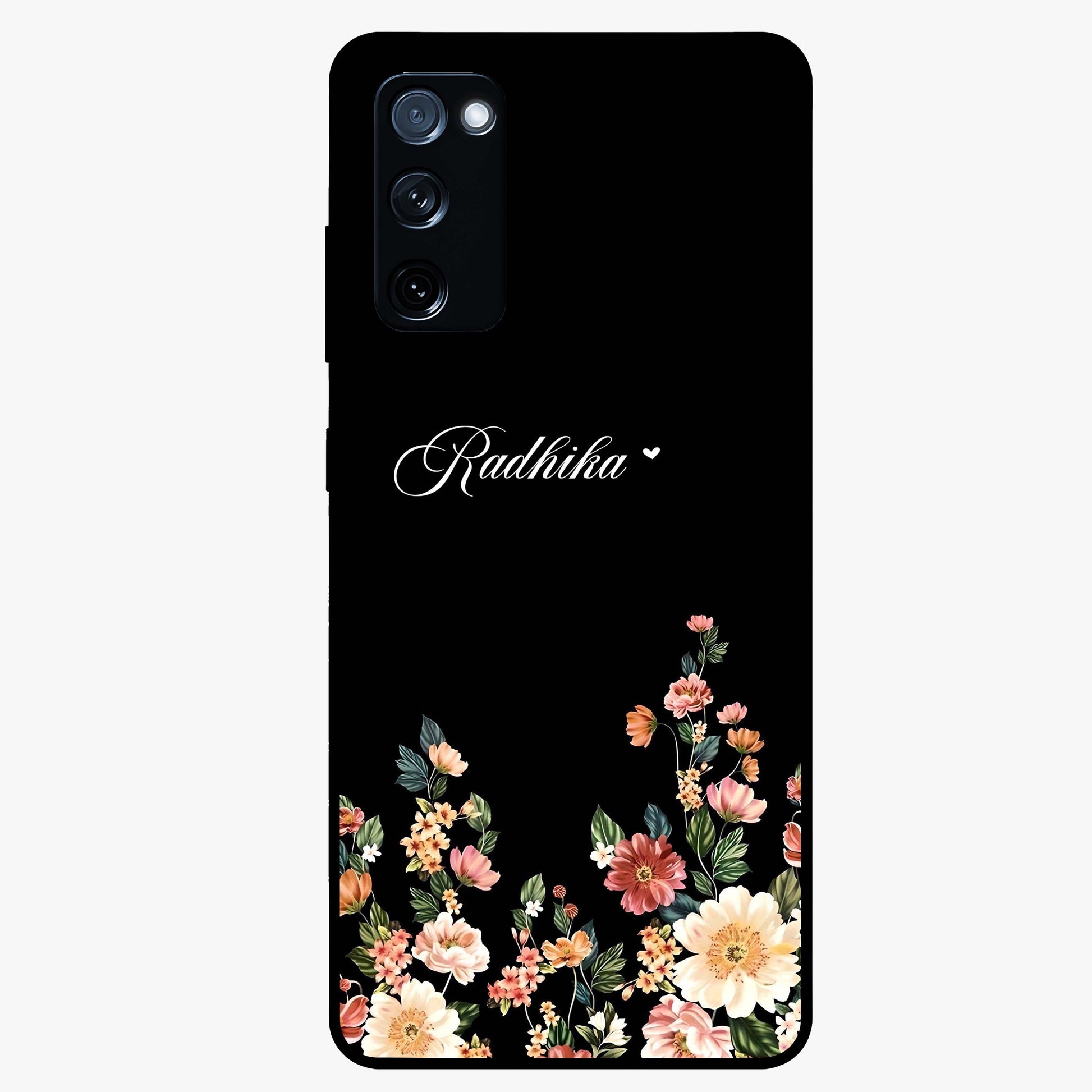 Floral Design With a Custom Personalized Name Glass Case showing flat back view with floral artwork and personalized name design.