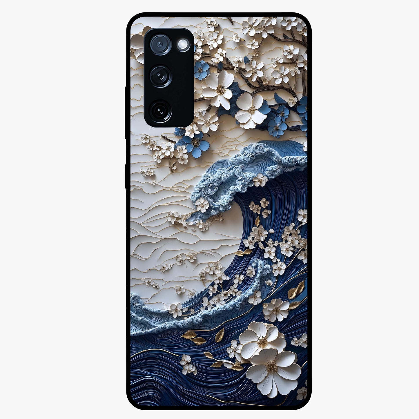 Floral Wave Origami Glass Case showing flat back view with origami inspired floral wave artwork and glossy glass finish.