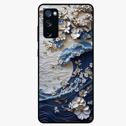 Floral Wave Origami Glass Case showing flat back view with origami inspired floral wave artwork and glossy glass finish.