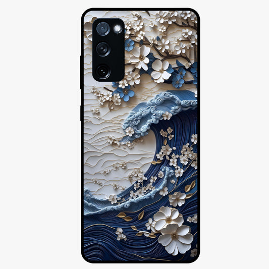 Floral Wave Origami Glass Case showing flat back view with origami inspired floral wave artwork and glossy glass finish.