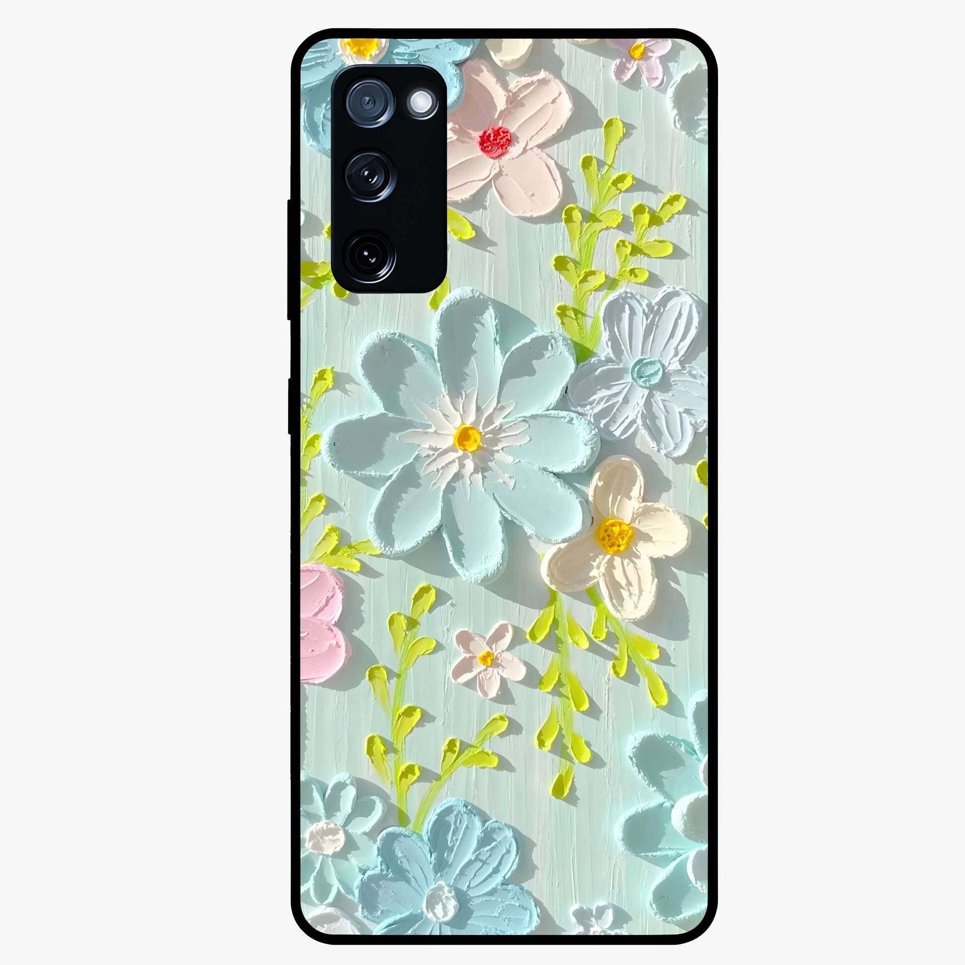 Frosted Petal Garden Glass Case showing flat back view with soft frosted floral artwork and glossy glass finish.