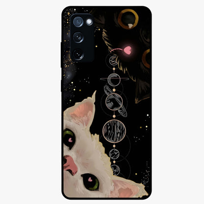 Galactic Cat Glass Case showing flat back view with cosmic cat artwork and glossy glass finish.
