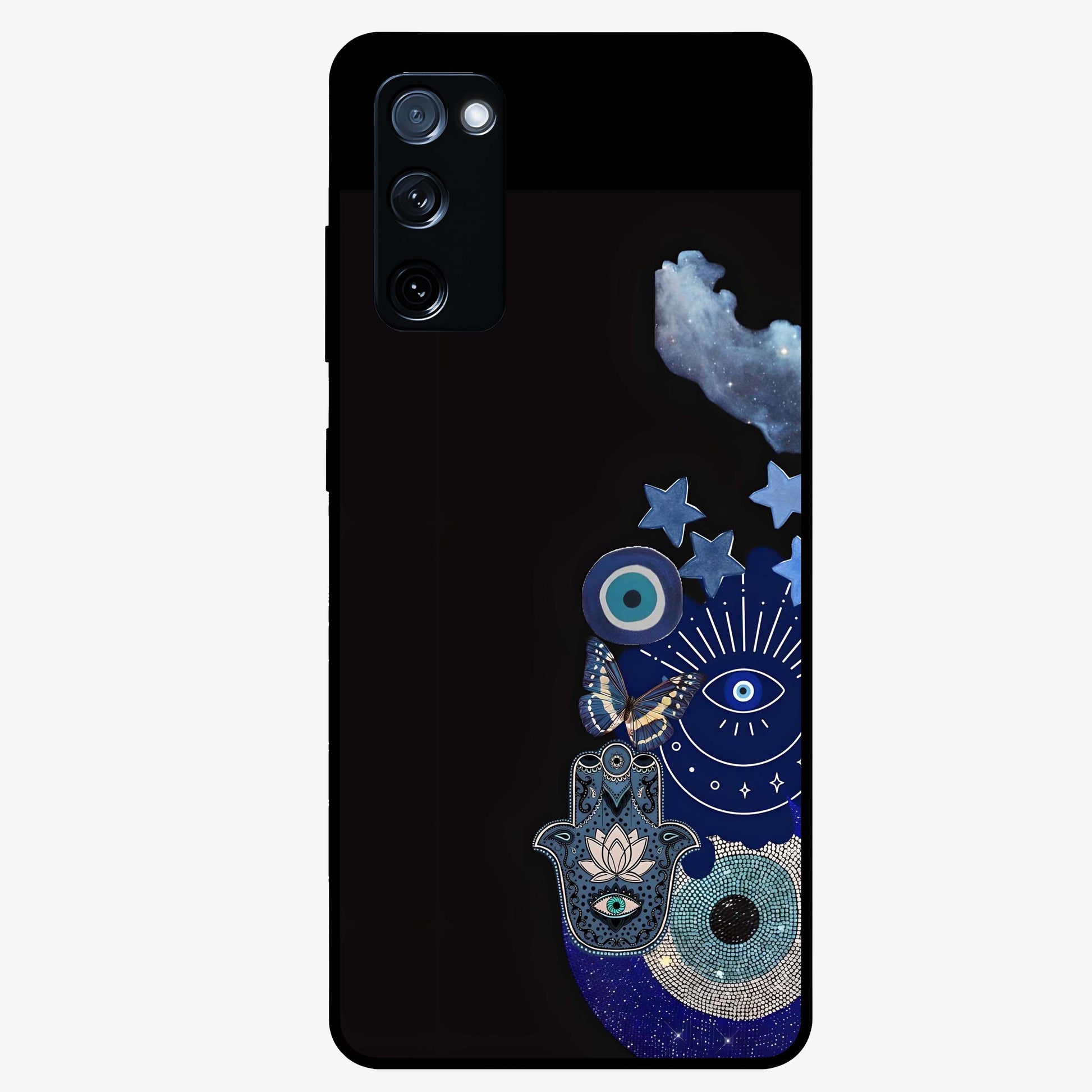 Galactic Charm Cluster Glass Case showing flat back view with glowing celestial charm artwork and glossy glass finish.