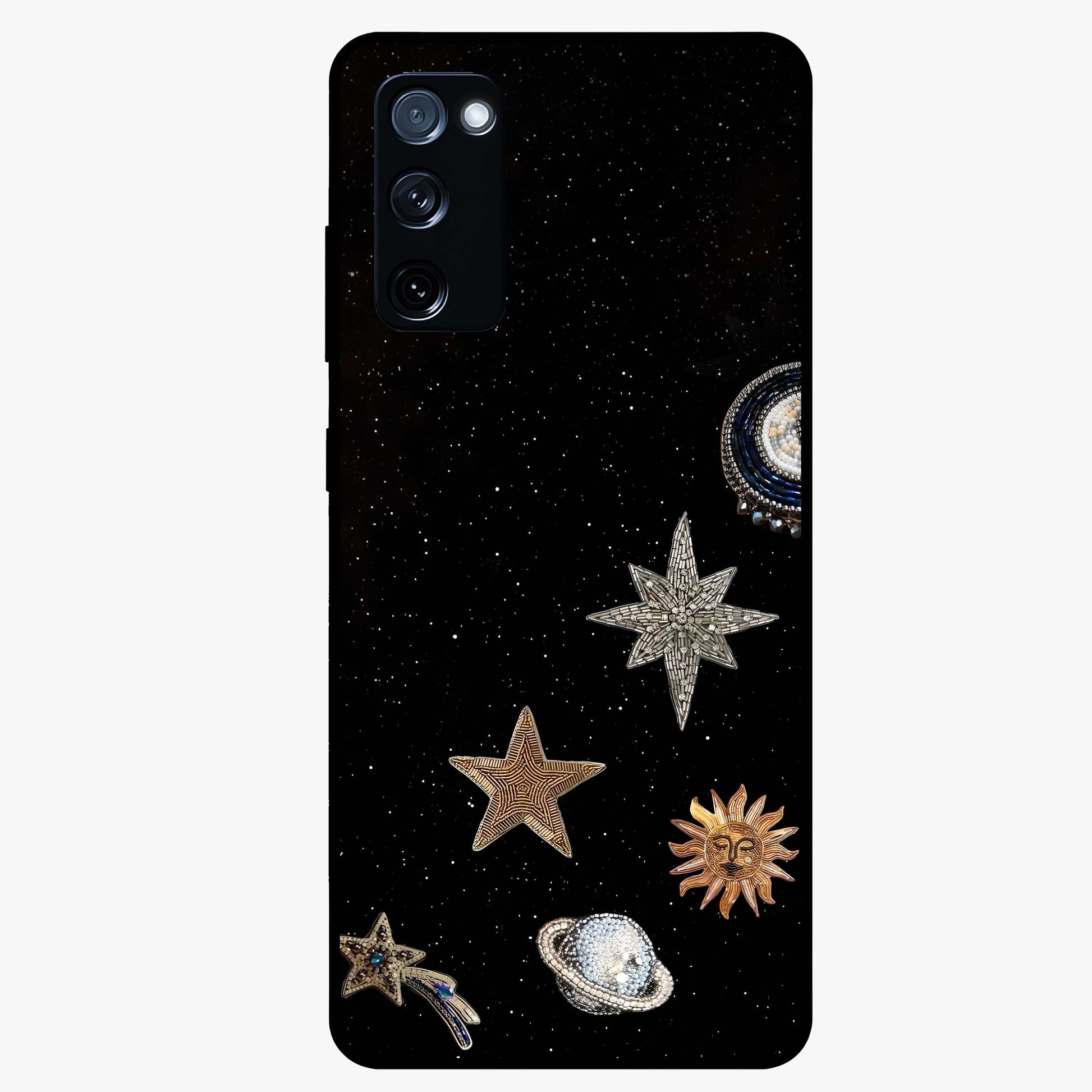 Galactic Charm Glow Glass Case showing flat back view with glowing celestial charm artwork and glossy glass finish.
