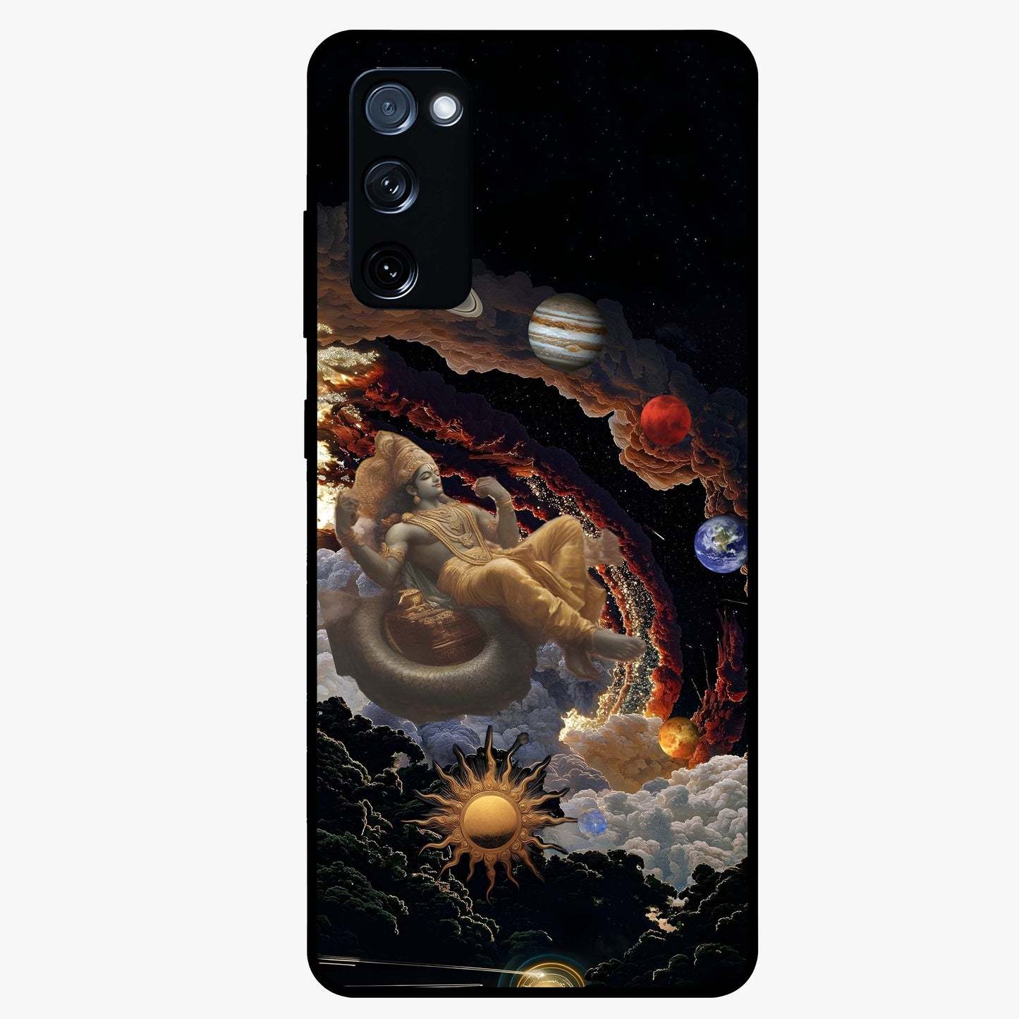 Galactic Divine God Glass Case showing flat back view with divine cosmic themed artwork and glossy glass finish.