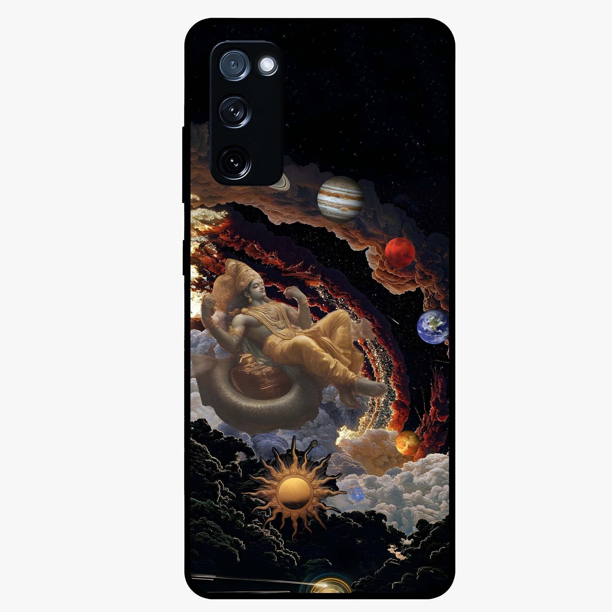 Galactic Divine God Glass Case showing flat back view with divine cosmic themed artwork and glossy glass finish.