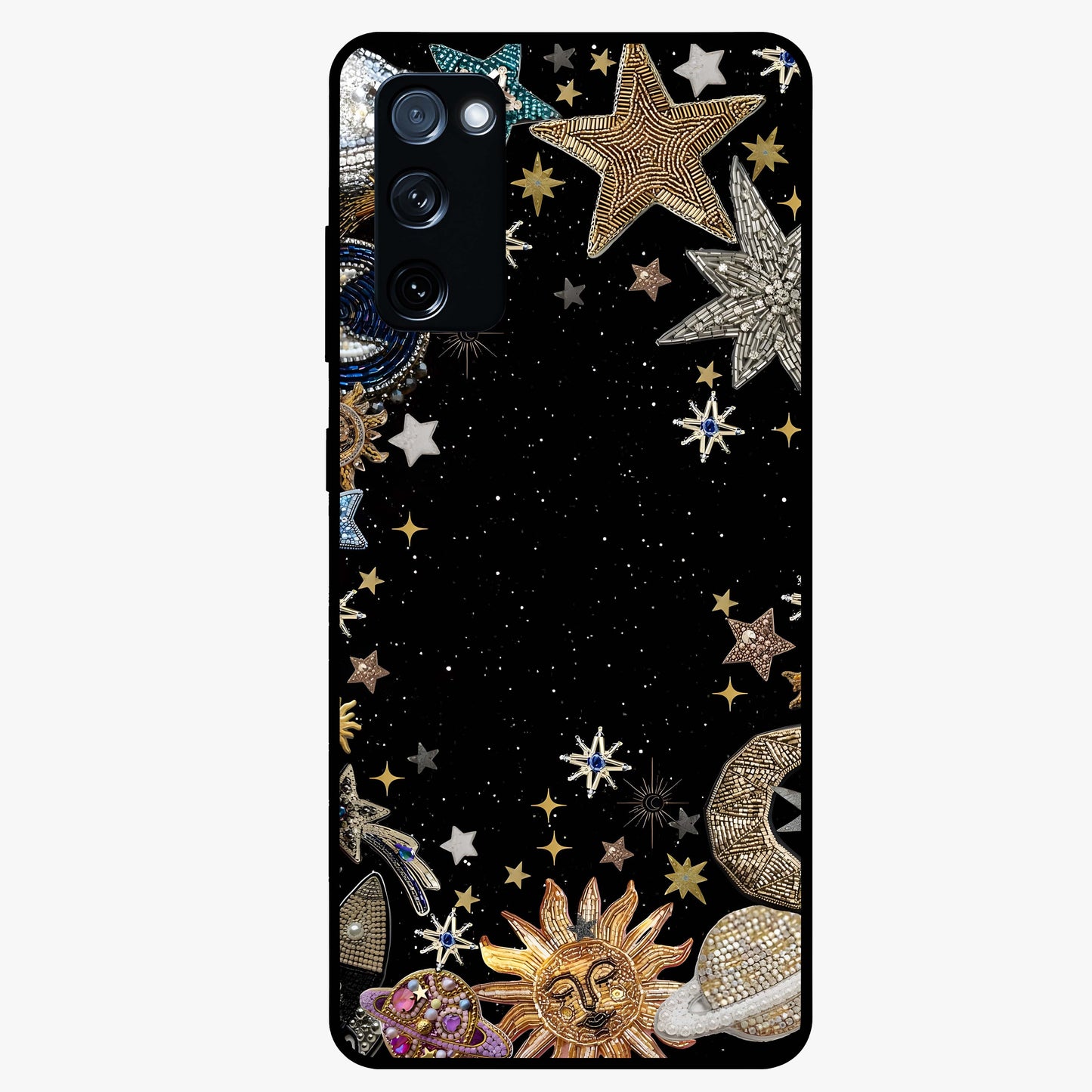 Galactic Jewel Stars Glass Case showing flat back view with sparkling star jewel artwork and glossy glass finish.