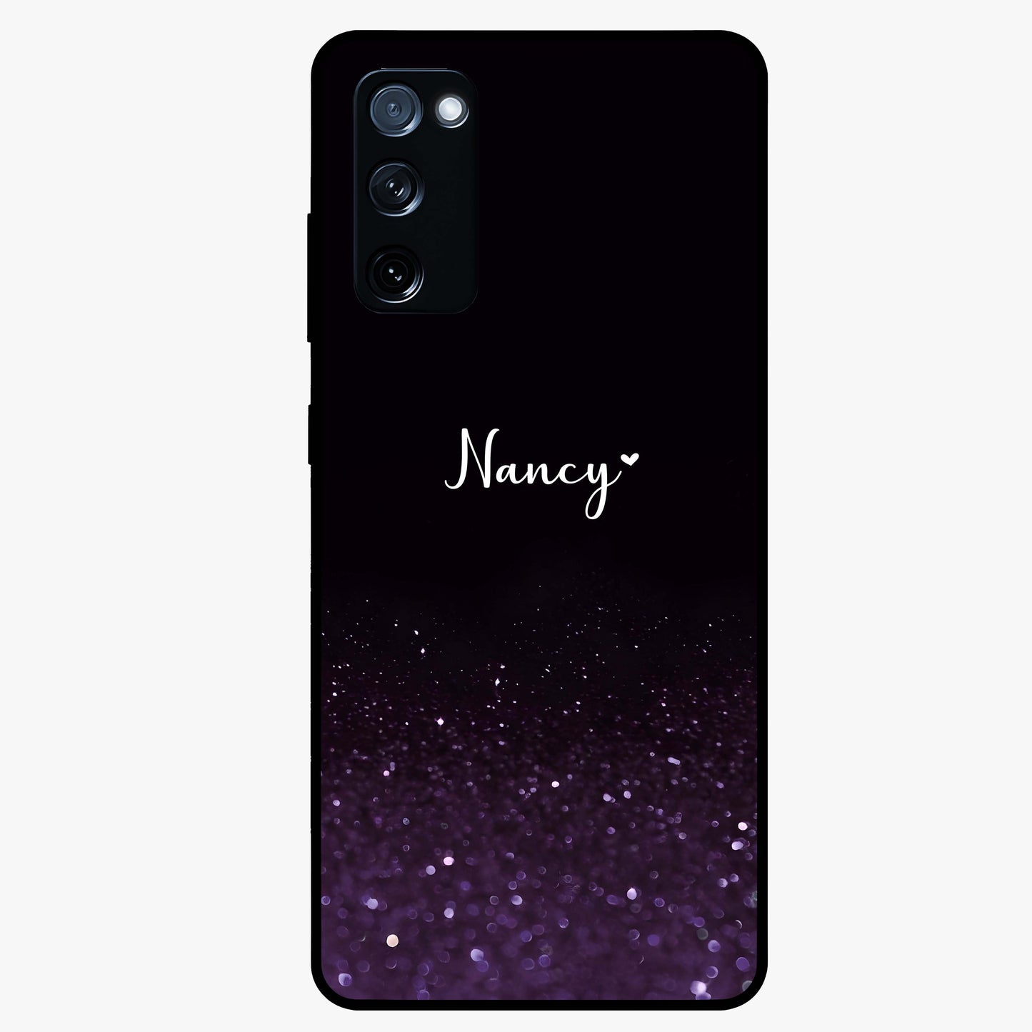 Glittery Purple Bokeh Custom Name Glass Case showing flat back view with purple bokeh sparkle artwork and personalized name design.