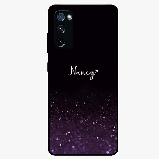 Glittery Purple Bokeh Custom Name Glass Case showing flat back view with purple bokeh sparkle artwork and personalized name design.