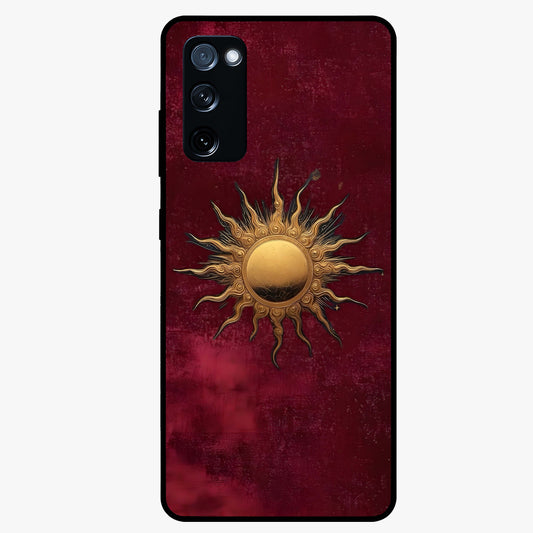 Gold Sun Blush Glass Case showing flat back view with golden sun inspired artwork and glossy glass finish.