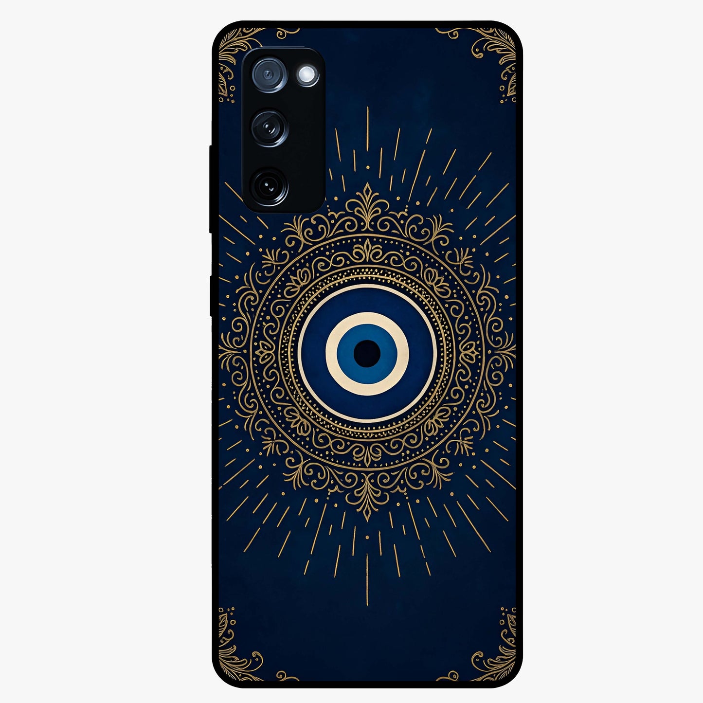 Golden Evil Eye Mandala Glass Case showing flat back view with intricate evil eye mandala artwork and glossy glass finish.