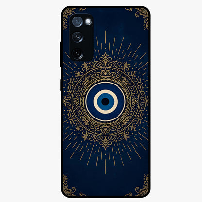 Golden Evil Eye Mandala Glass Case showing flat back view with intricate evil eye mandala artwork and glossy glass finish.