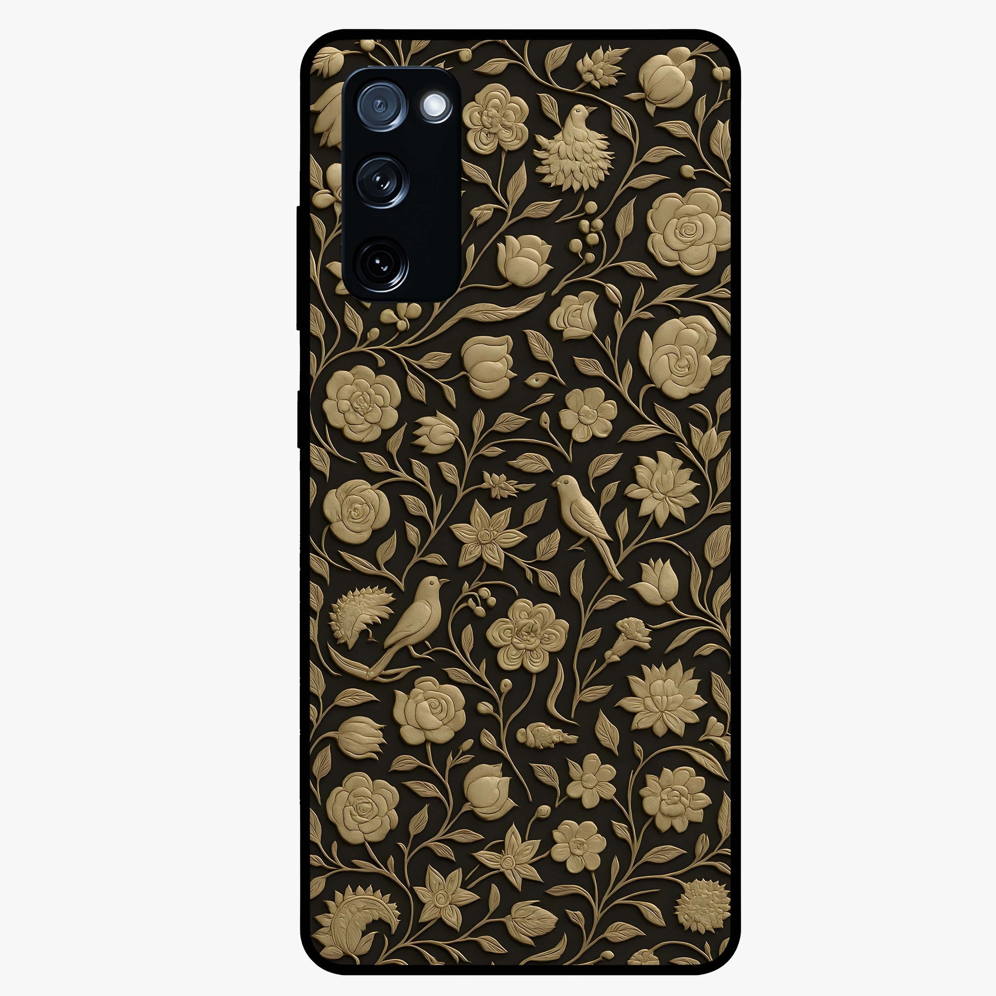 Golden Floral Majesty Glass Case showing flat back view with luxurious golden floral artwork and glossy glass finish.