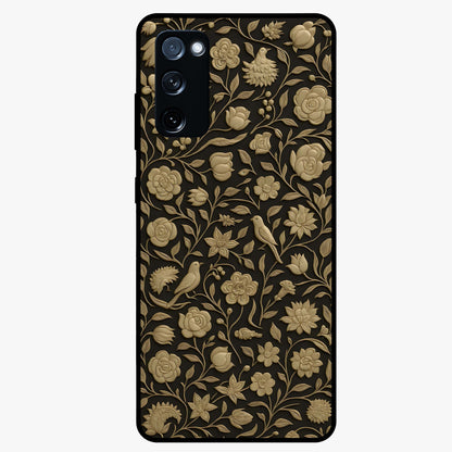 Golden Floral Majesty Glass Case showing flat back view with luxurious golden floral artwork and glossy glass finish.