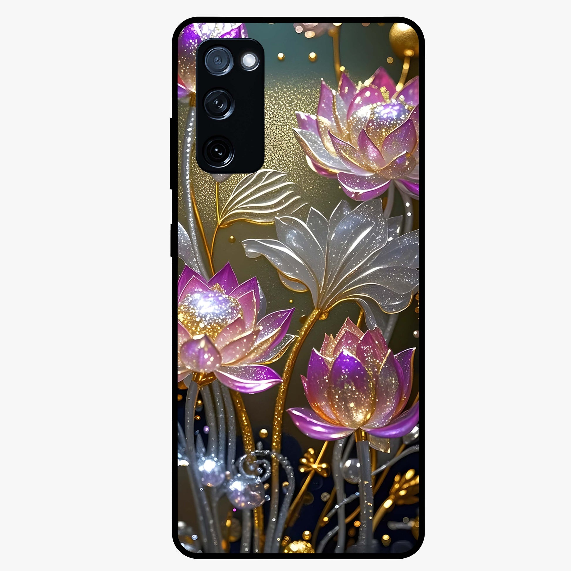 Golden Lotus Glow Glass Case showing flat back view with glowing lotus flower artwork and glossy glass finish.