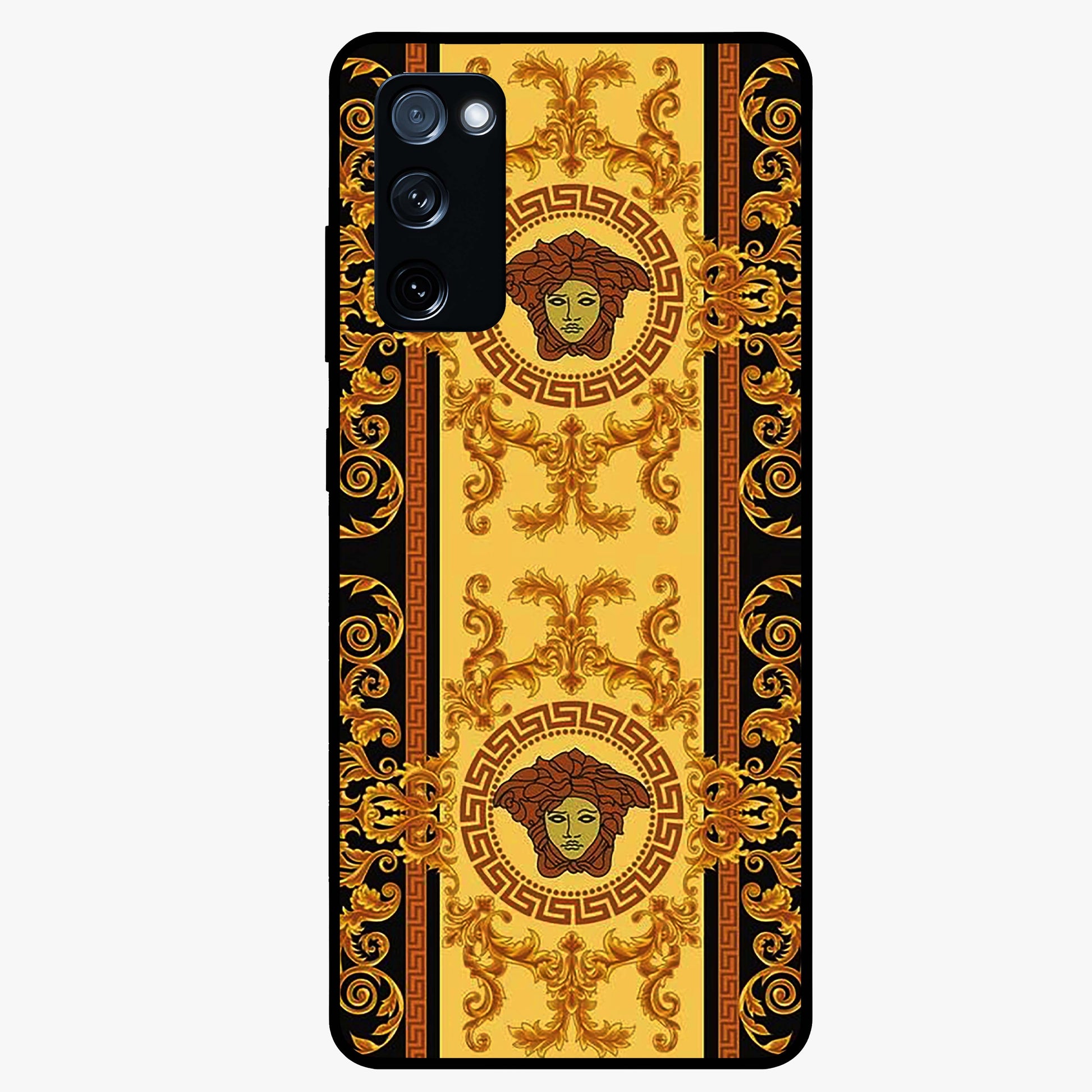 Golden Royal Heritage Glass Case showing flat back view with ornate royal pattern artwork and glossy glass finish.