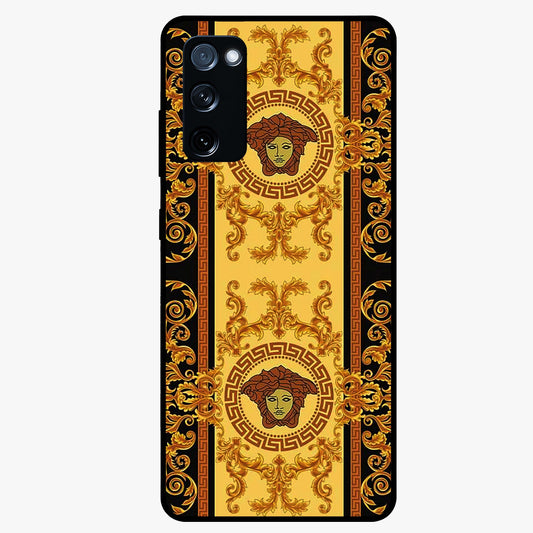 Golden Royal Heritage Glass Case showing flat back view with ornate royal pattern artwork and glossy glass finish.
