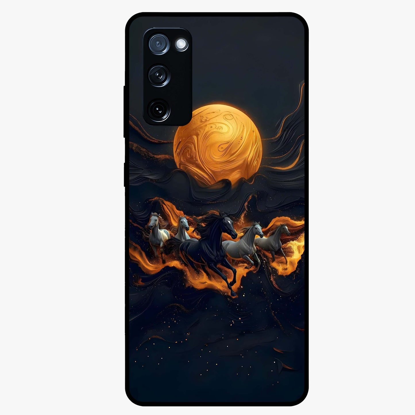 Golden Stallion Moonride Glass Case showing flat back view with majestic horse under moonlight artwork and glossy glass finish.