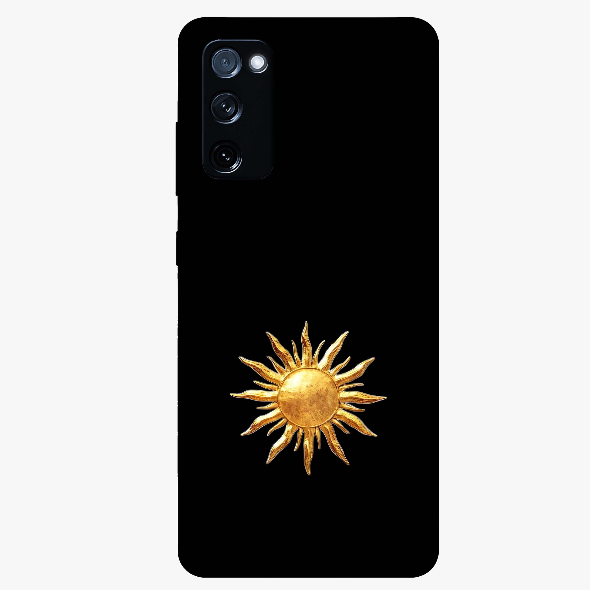 Golden Sun Minimalism Glass Case showing flat back view with minimal golden sun artwork and glossy glass finish.