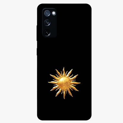 Golden Sun Minimalism Glass Case showing flat back view with minimal golden sun artwork and glossy glass finish.