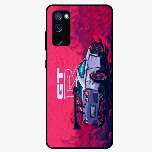 GT-R Car Pattern Glass Case showing flat back view with sporty car inspired pattern artwork and glossy glass finish.