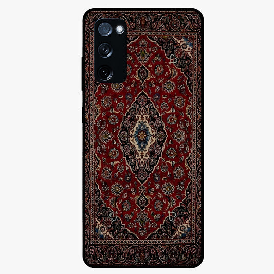 Heritage Carpet Royale Glass Case showing flat back view with ornate Persian carpet inspired pattern and glossy glass finish.