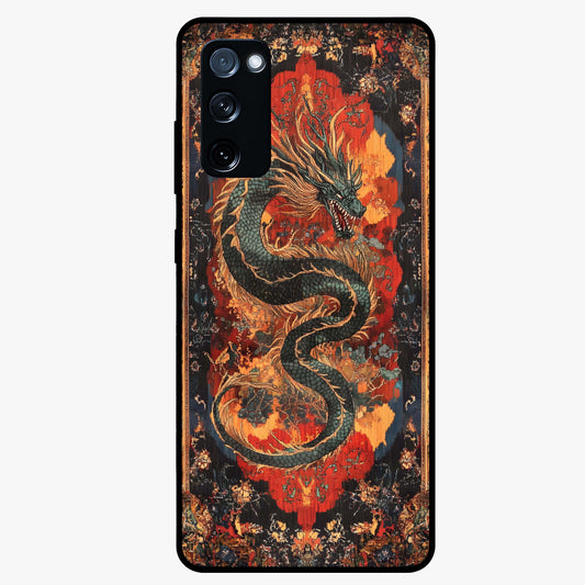 Inferno Dragon Soul Glass Case showing flat back view with fiery dragon artwork and glossy glass finish.