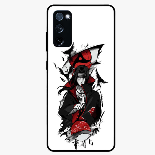 Itachi Sharingan Glass Case showing flat back view with powerful anime eye artwork and glossy glass finish.