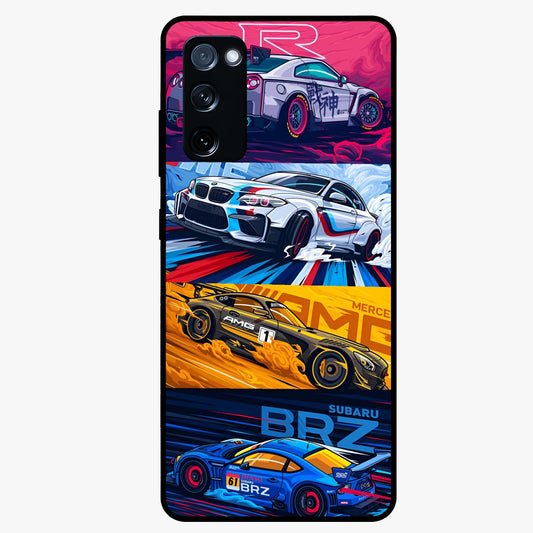JDM Sports Car Glass Case showing flat back view with high performance sports car artwork and glossy glass finish.