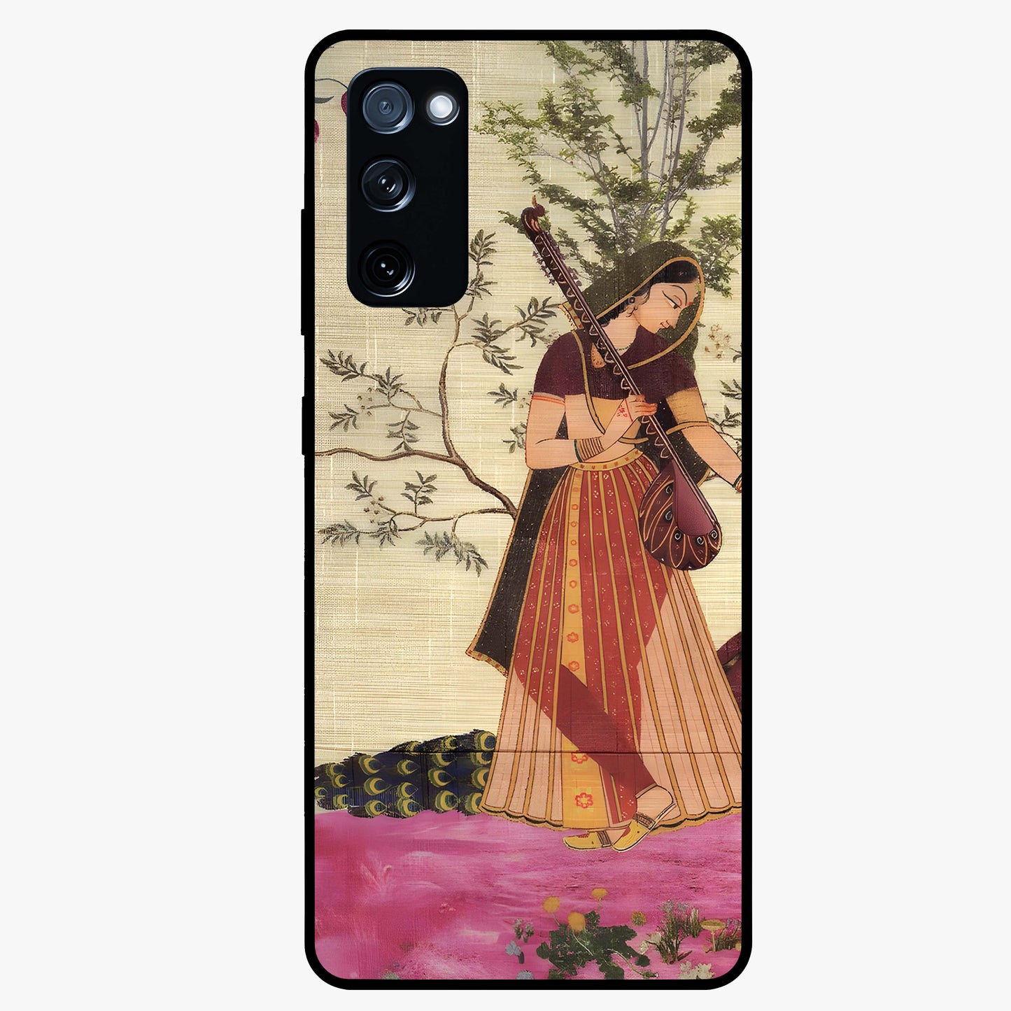 Lady With Veena Art Glass Case showing flat back view with elegant woman playing veena artwork and glossy glass finish.