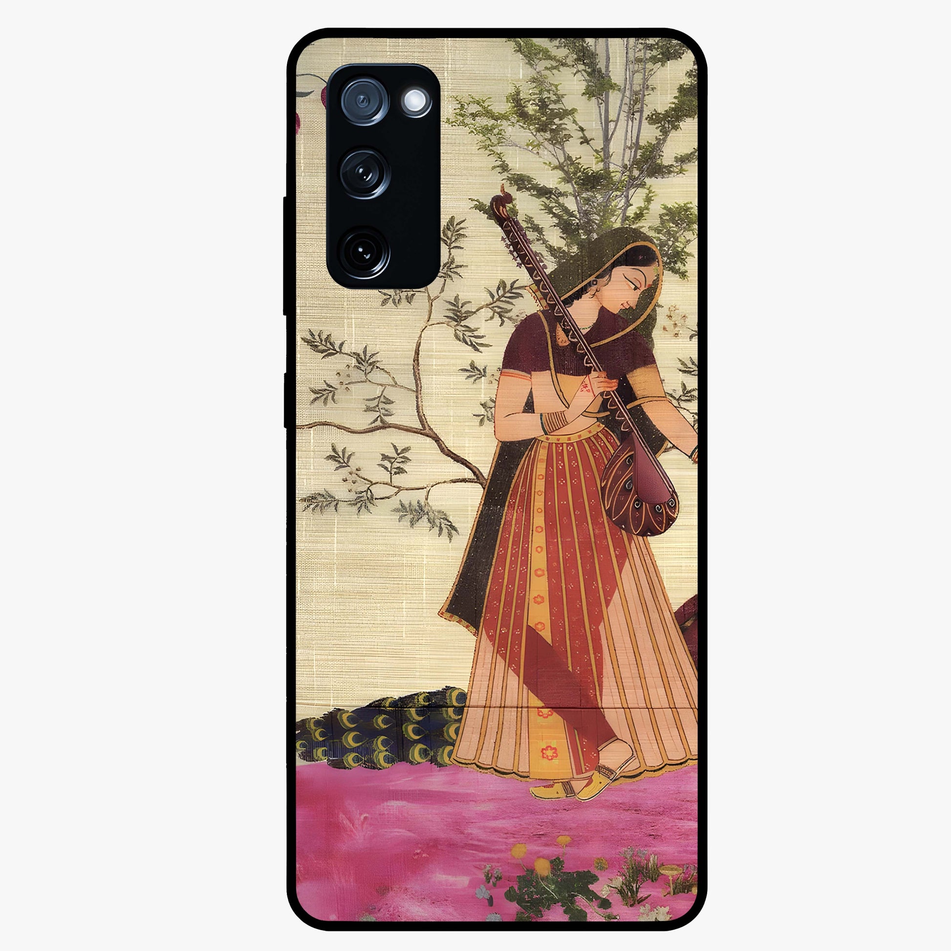Lady With Veena Art Glass Case showing flat back view with elegant woman playing veena artwork and glossy glass finish.