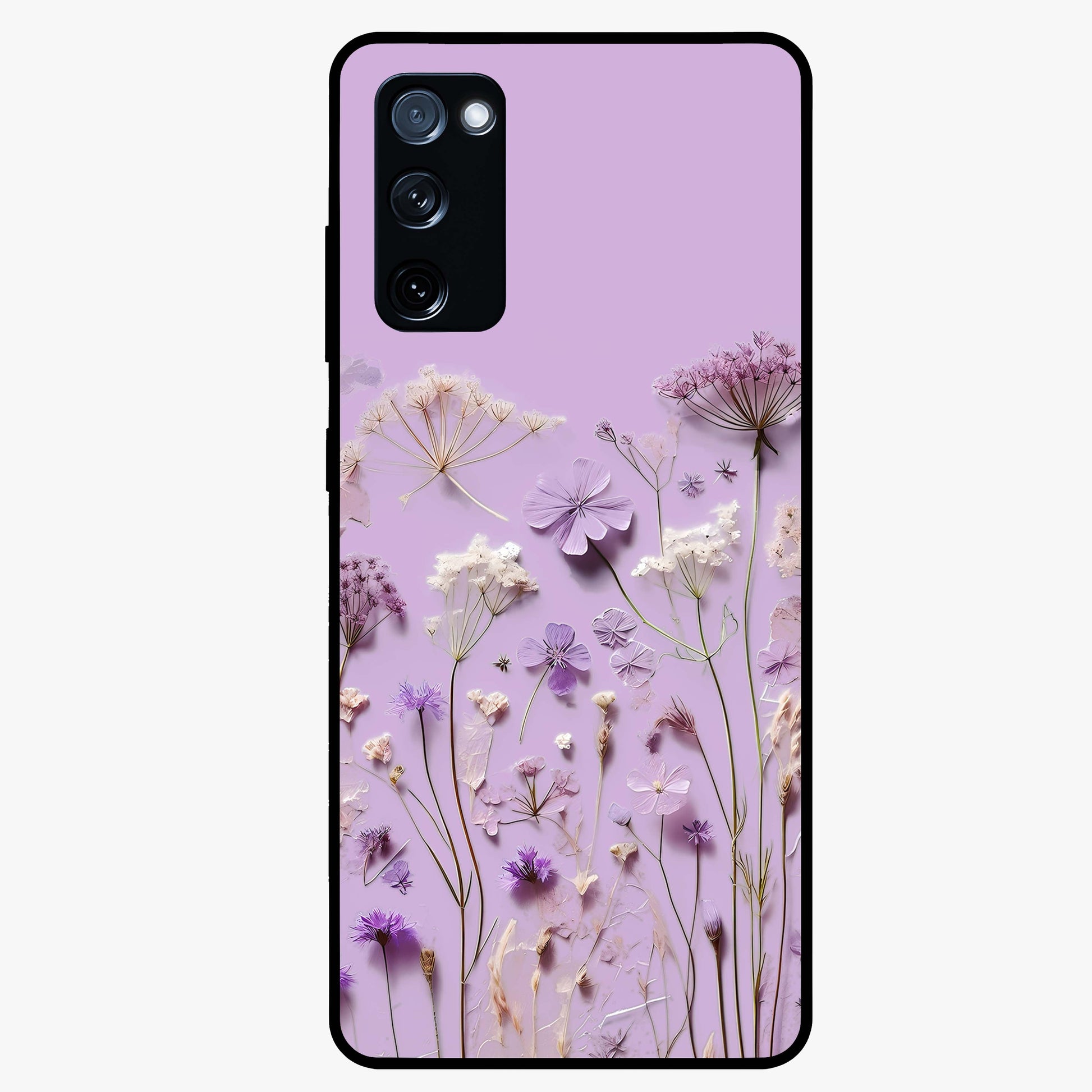 Lavender Blossom Dream Glass Case showing flat back view with soft lavender floral artwork and glossy glass finish.
