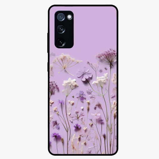 Lavender Blossom Dream Glass Case showing flat back view with soft lavender floral artwork and glossy glass finish.