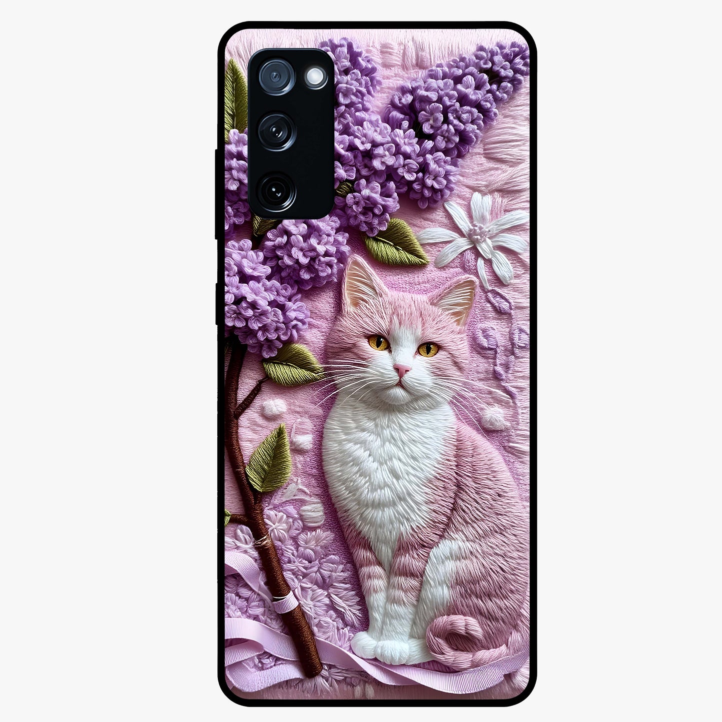 Lavender Cat Whimsy Glass Case showing flat back view with cute lavender cat artwork and glossy glass finish.