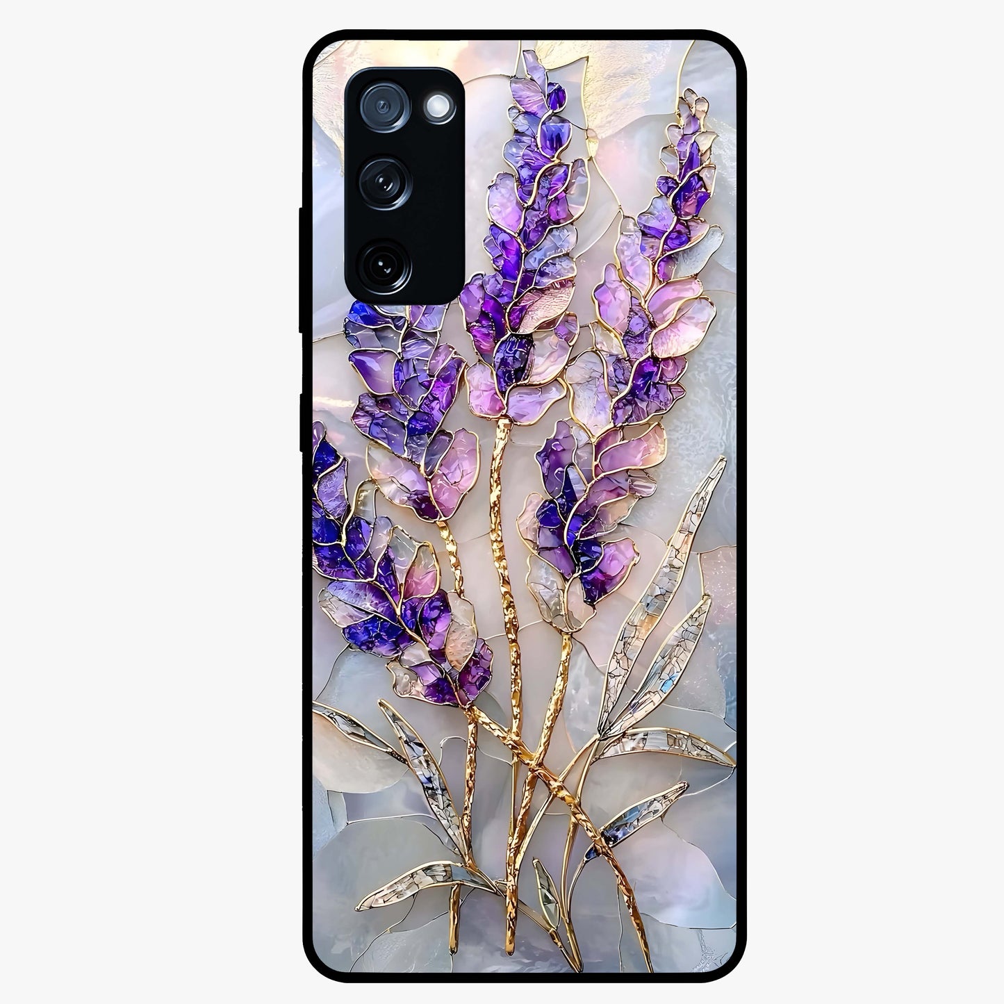 Lavender Dream Glow Glass Case showing flat back view with glowing lavender aesthetic artwork and glossy glass finish.