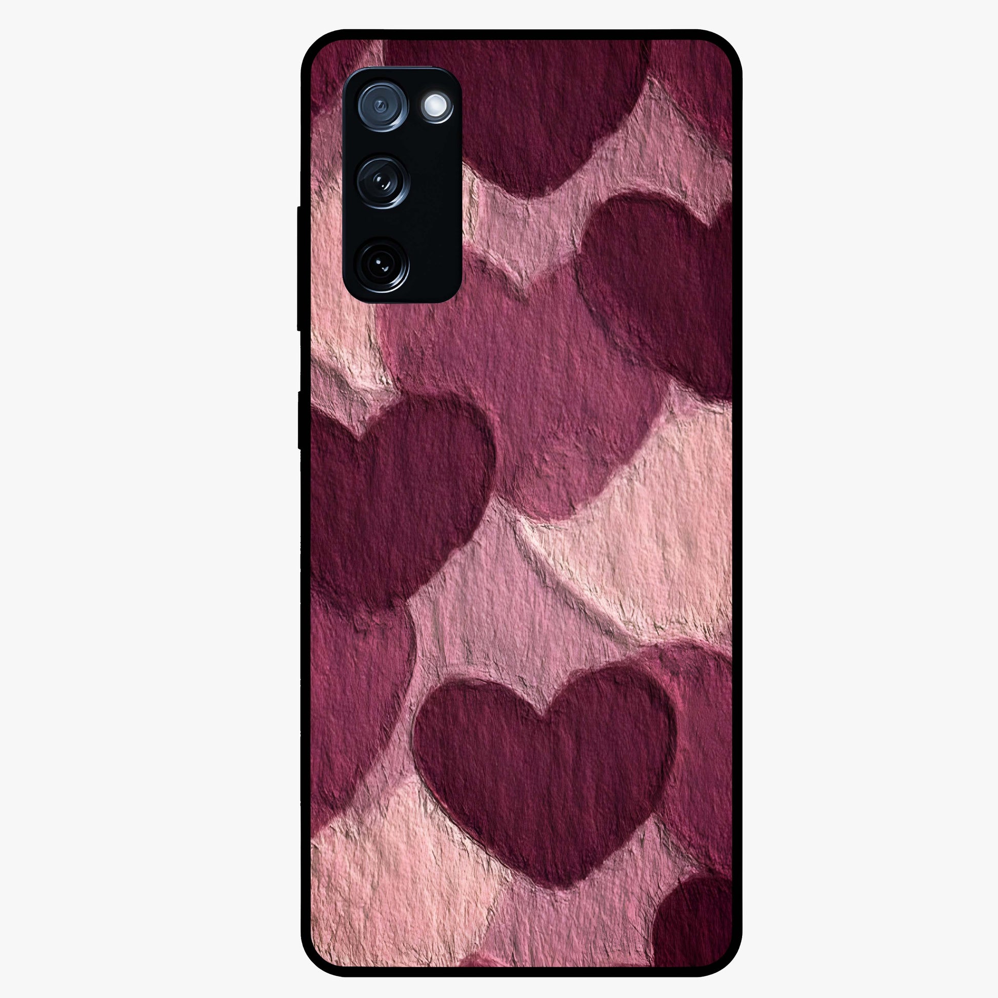 Layered Paper Hearts Glass Case showing flat back view with layered paper heart artwork and glossy glass finish.