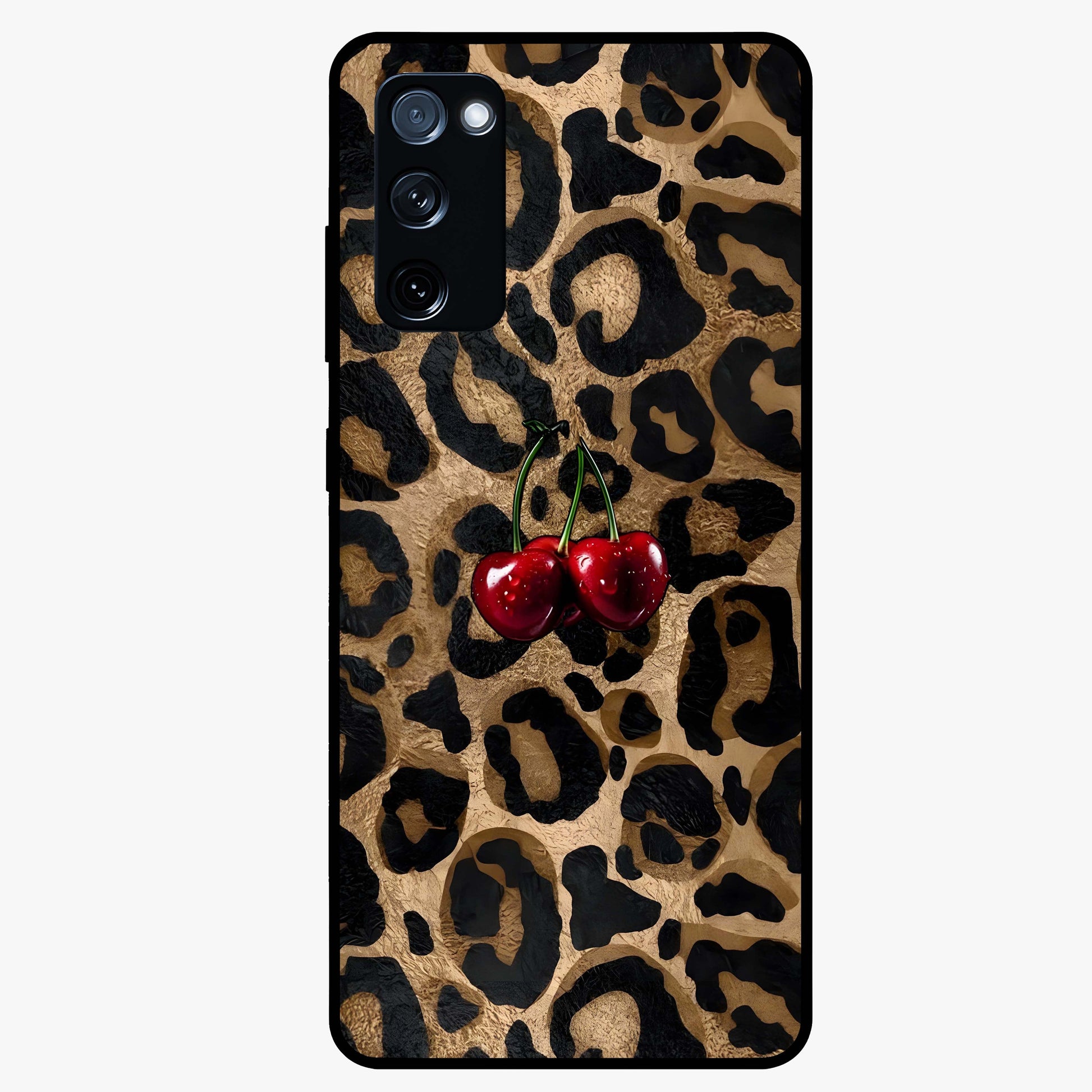 Leopard Wild Cherry Glass Case showing flat back view with leopard pattern and cherry artwork and glossy glass finish.
