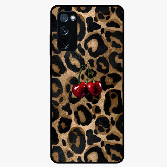 Leopard Wild Cherry Glass Case showing flat back view with leopard pattern and cherry artwork and glossy glass finish.