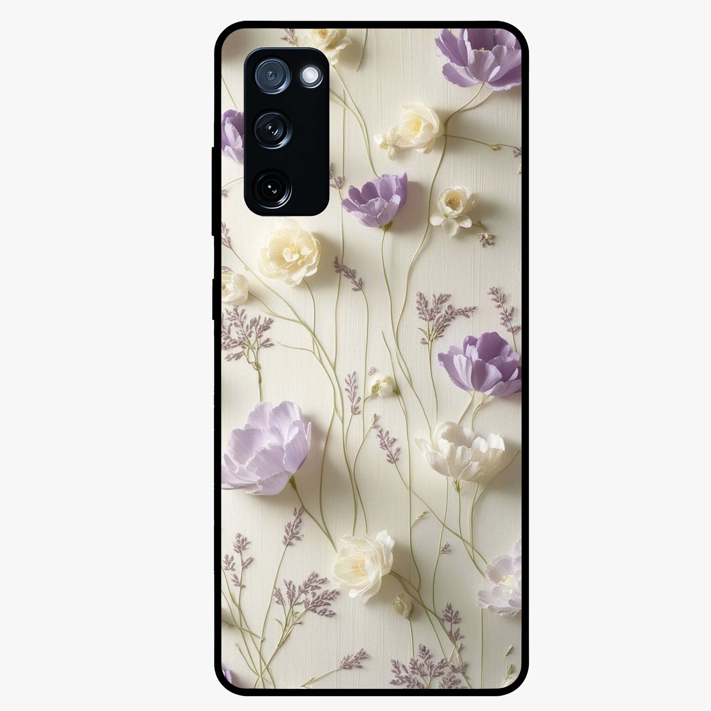 Lilac Breeze Harmony Glass Case showing flat back view with soft lilac themed artwork and glossy glass finish.