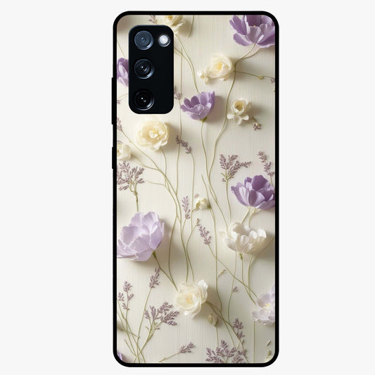 Lilac Breeze Harmony Glass Case showing flat back view with soft lilac themed artwork and glossy glass finish.