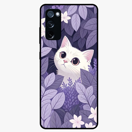 Lilac Hide Peek Cat Glass Case showing flat back view with cute peeking cat artwork and glossy glass finish.